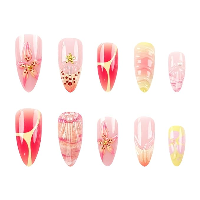 24Pcs Almond Press on Nails Short Fake Nails Metal Star Design Leopard French Tip Glue on Nail Reusable 3D Flower Acrylic Nails Press on Full Cover Nude Pink False Nail for Women Manicure Supplies