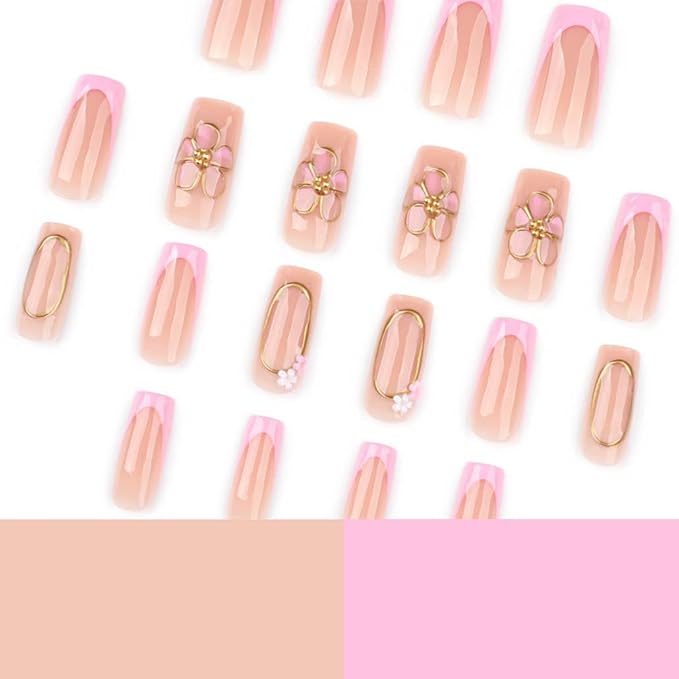 French Press on Nails Medium Long Pink Fake Nails Square Bling Glossy 3D Flower Design False Nail Tips Artificial Nails Finger Manicure for Women and Girls-24pcs (Nails 7)