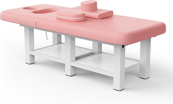 Physical Therapy Table Stationary Massage Table, 75”L 31.5''W Heavy Duty Height Adjustable Esthetician Bed w/Facial Cradle, 800LBS Metal Frame PU Leather Spa Lash Bed Professional Equipment (Pink)