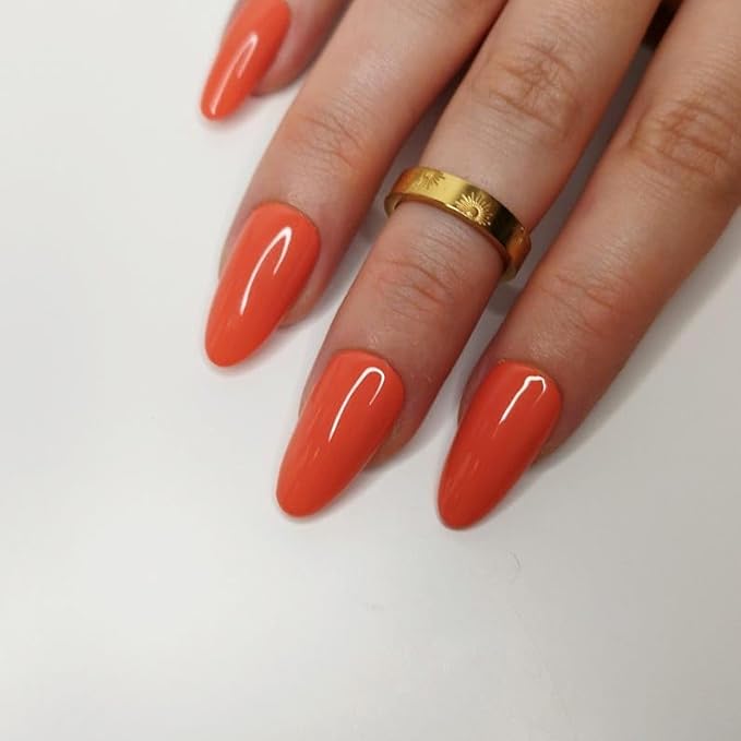 WOOYAS Medium Length Fake Nails - Almond Shaped, Terracotta Orange, Reusable Glue On Nails, Simple Manicure for Women & Girls, 24 Pcs
