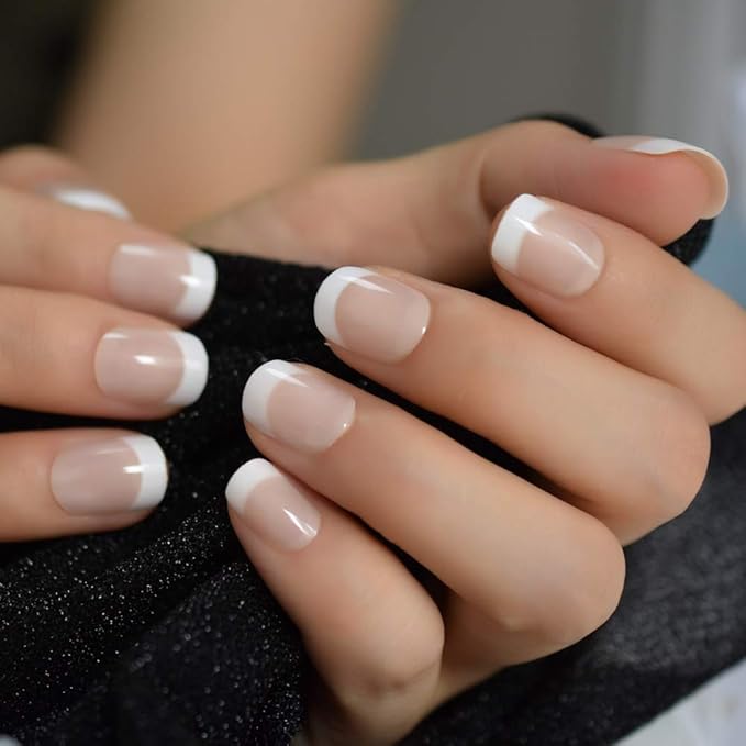 Natural Beige Nude White Press on Nails Short Squoval French Nail Tips False Nails Easy Wear Salon Manicure Reusable UV Gel Fake Nails DIY Nail Art at home