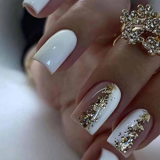White Press on Nails Medium Fake Nails Nude Square Acrylic Nails, Artificial Glossy Nails with Sequins