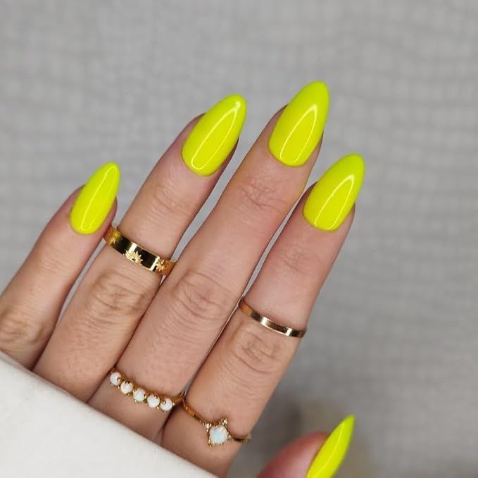 Wooyas Press on Nails Almond, Medium Jelly Yellow Handmade Gel Fake Nails, Neon Reusable Salon Perfect Glue on Nails in 12 Sizes - 24 Pcs Soft Gel Glue On Nails Kit for Women Girls