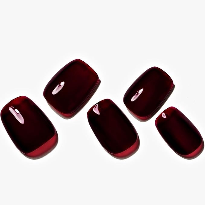 GLAMERMAID Dark Red Press on Nails Extra Short Square, Winter Handmade Jelly Soft Gel on Nails Burgundy Fake Nails, Glossy Red Stick Glue on Nail Reusable Acrylic False Nails Manicure Kits for Women