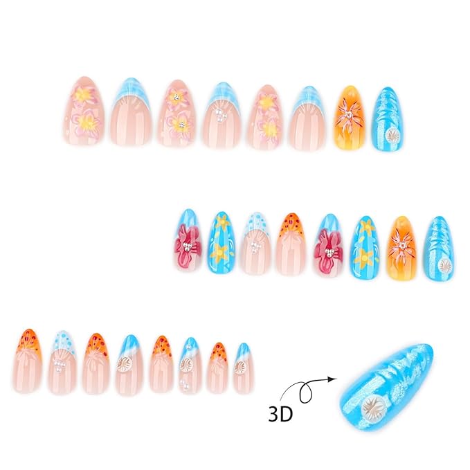 30Pcs Summer Beach Press on Nails Medium Almond Flower Fake Nails 3D Flowers Shell Rhinestones Designs Glitter Full Cover Stick on Nails French Tip False Nails for Women Girls Acrylic Manicure DIY