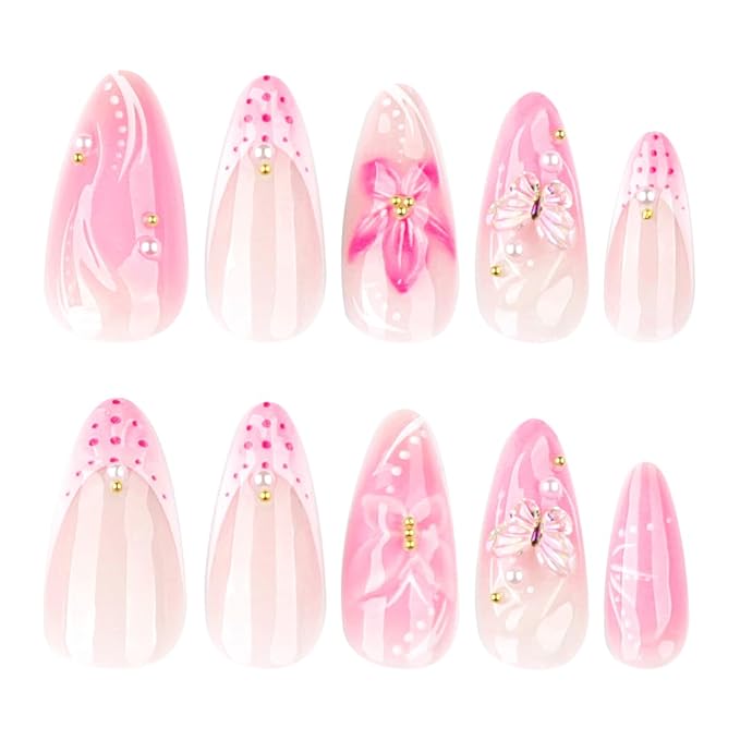 24Pcs Handmade Press on Nails Medium Almond Fake Nails with Flower Designs Clear 3D Butterfly Charms Pearl Beads Rhinestones Acrylic Nail Glossy French Tips Glue on Nails for Women Daily Wear