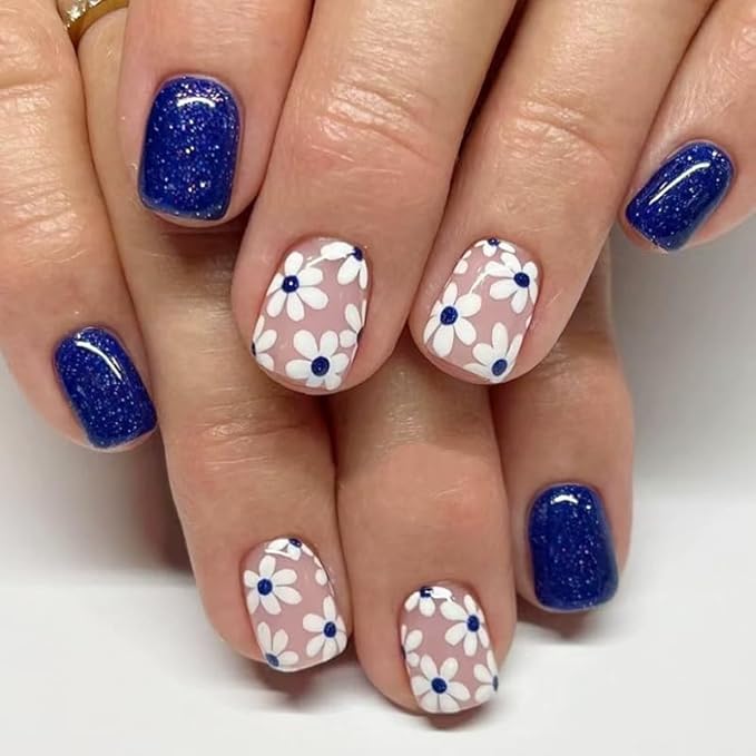 2 Packs 48Pcs Square Press on Nails Short Flowers Acrylic Fake Nails Blue Pink False Nails Squoval Artificial Nails with Design Floral Bow Heart Glue on Nails Press ons for Women Spring Manicure Set