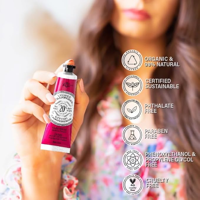 La Chatelaine 20% Shea Butter Hand Cream Travel Size, Organic Argan Oil, Moisturizing, Nourishing, Repairing, Extra-Rich Hand Lotion, Made in France, Paraben Free, 1 oz / 30ml (Lychee Cranberry)