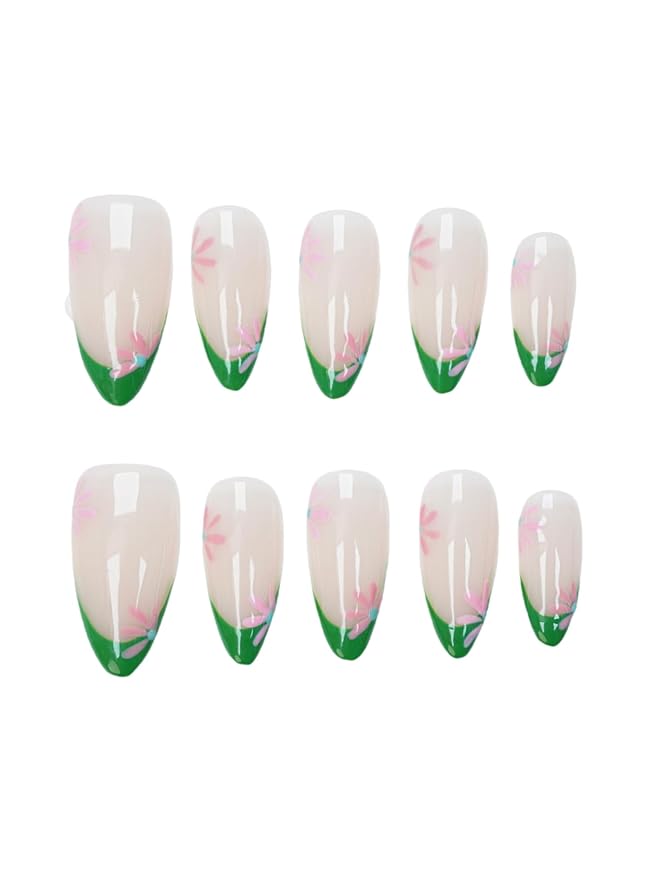 Green French Tip Floral Press On Nails - Handmade Medium Almond Nude Base Salon Quality-Reusable Gel Acrylic Full Set 10pcs - (Blooming Series, Size S)