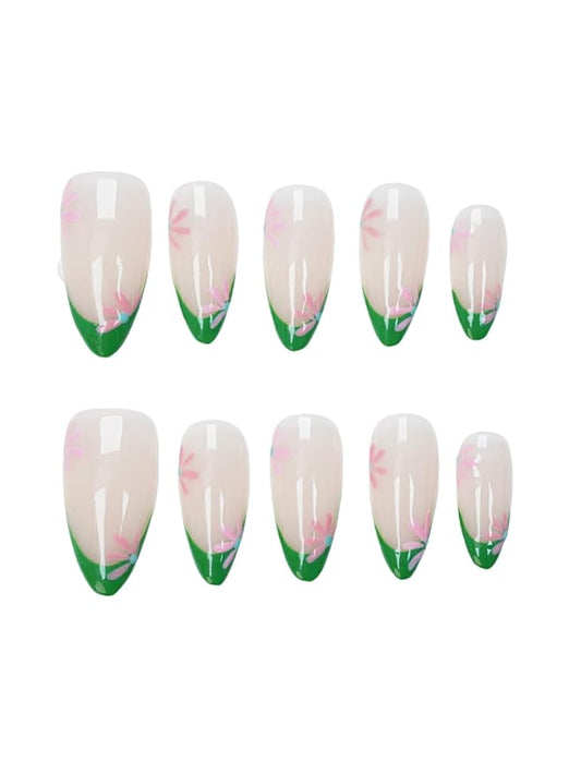 Green French Tip Floral Press On Nails - Handmade Medium Almond Nude Base Salon Quality-Reusable Gel Acrylic Full Set 10pcs - (Blooming Series, Size S)