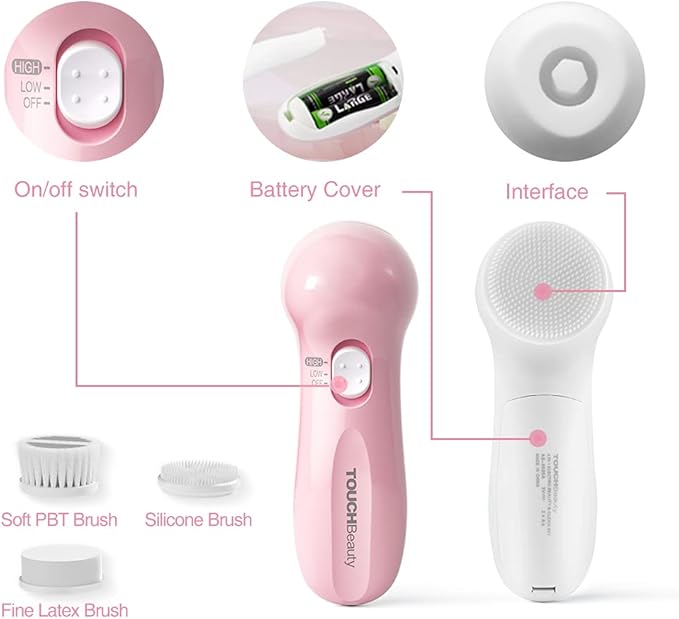 Electric Facial Cleansing Brush for Women, 3-in-1 Face Cleanser and Exfoliator Brush with 3 Brush Heads, 2 Speeds, Waterproof Spin Brush, Travel Size Case (Pink, Battery Operated)