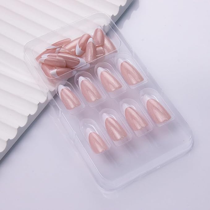French Tip Fake Nails Almond Press on Nails Nude Pink Cat Eye Acrylic False Nails Press ons Glossy Nature Artificial Nails with White Glitter Designs for Women Girls Manicure Decoration 24Pcs