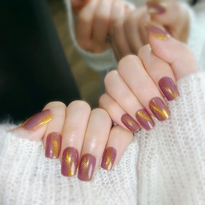 Cat Eye Purple Pink Press On Nails Short Square, Designer Reusable Acrylic Fake Nails with Glue, Glossy Soft Gel Nails Wedding and Party, Stick On Glue On Nails, Nails Press Ons fro Women