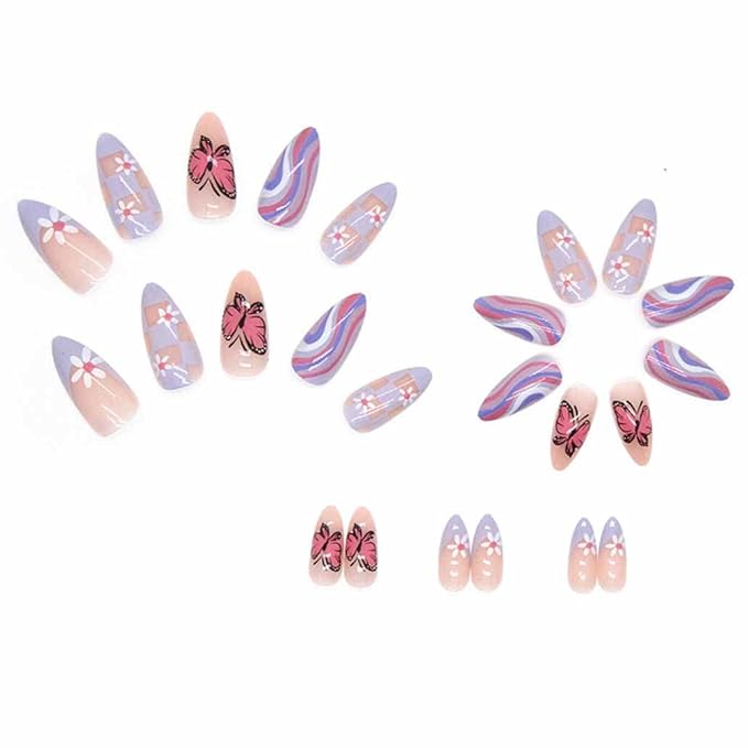 Butterfly Press on Nails Medium, Amlond Fake Nails Acrylic False Pink Nails,Artificial Nails for Women and Girls 24 pcs