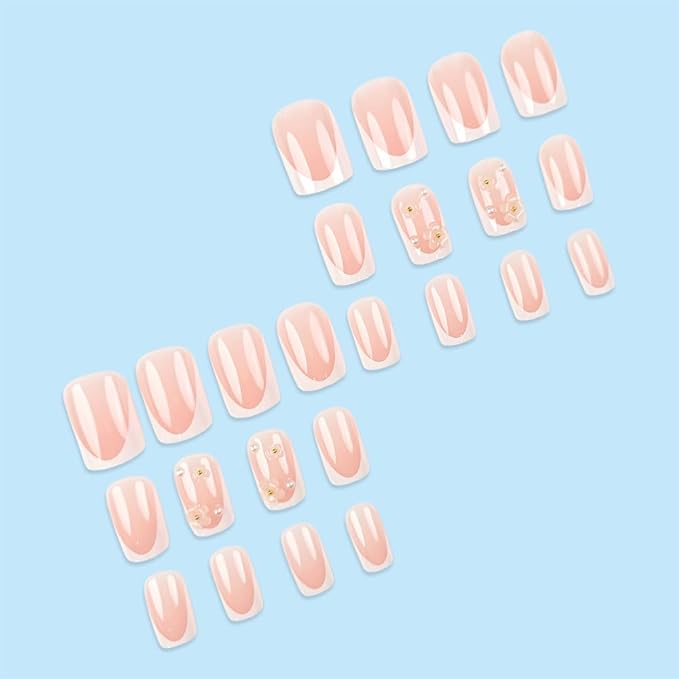 French Tip Press o Nails Square,3D White Pearl Flower Press on Nails Medium, Glossy Glue on Nails Natural Full Cover False Nail Tips Short Stick on Nails Artificial Finger Manicure for Women Girls