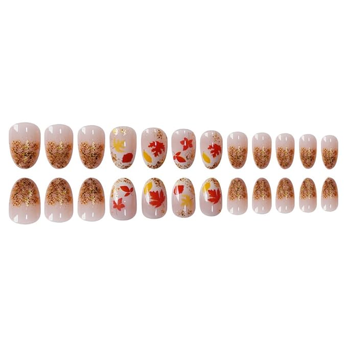 24Pcs Autumn Press on Nails Short Almond Fall Fake Nails Gold Glitter False Nail Maple Leaves Glue on Nails Full Cover Reusable Artificial Stick on Nail for Women DIY Thanksgiving Manicure