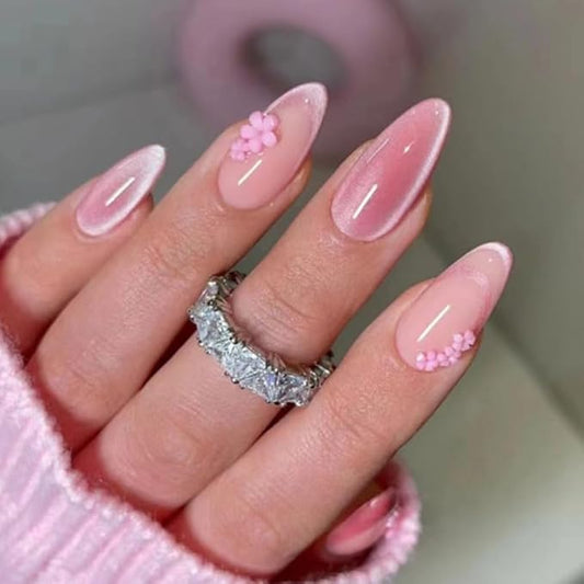 Medium Press on Nails Almond Fake Nails Pink Glitter Acrylic False Nails with Deigns Sakura Flower Glue on Nails Press ons French Nails Decorations for Women Girls 24Pcs