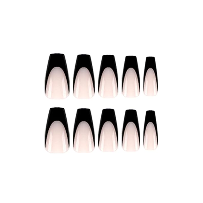 Medium Press On Nails Coffin Fake Nails Black French Tip False Nails Press Ons Nude Transparent Acrylic Glossy Glue On Artificial Stick On Nails for Women 24Pcs