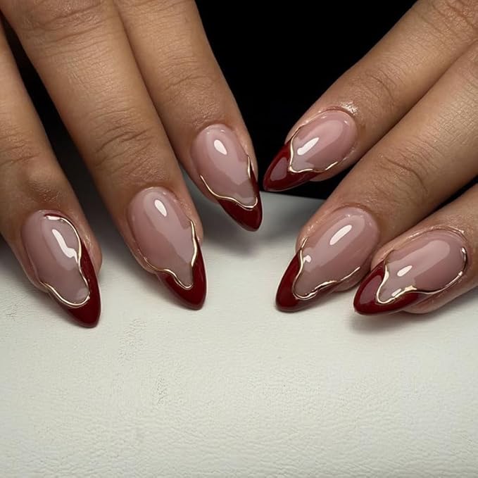 French Tip Press on Nails Wine Red Almond Fake Nails Medium Gold Stripes Acrylic False Nails Nude Glue on Artificial Nails for Women Manicure 24Pcs