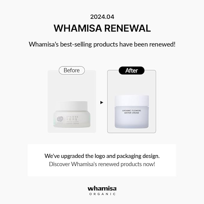 Whamisa Organic Flowers Water Cream, 95.2% Organic, Waterless Formula, Fermented Postbiotic for Deep Hydration & Soothing, Moisturizing (50ml)