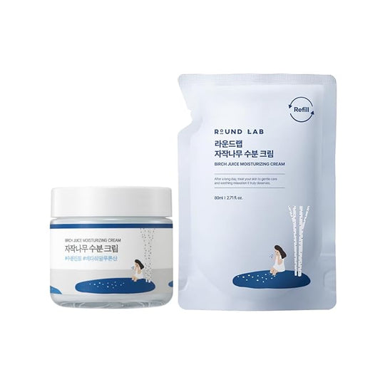 ROUND LAB Birch Juice Moisturizing Cream Refill Set, 80ml + 80ml Refill | 48-Hour Deep Hydration Korean Moisturizer with Vita Hyaluronic Acid | Long-Lasting Moisturizing Care for Sensitive Skin