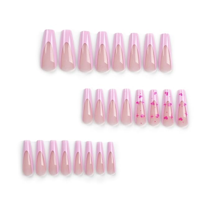 Pink French Tip Press on Nails Long Square Valentine Fake Nails Heart Star Design False Nails Full Cover Glossy Love Glue on Nails for Women 24PCS