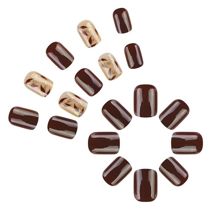 Square Press on Nails Short Brown Fake Nails Gold Glitter Brown Leaf Artificial False Nails Full Cover Acrylic Glue on Nails Cute Stick on Nails for Women Girls Nail Art Decorations 24Pcs