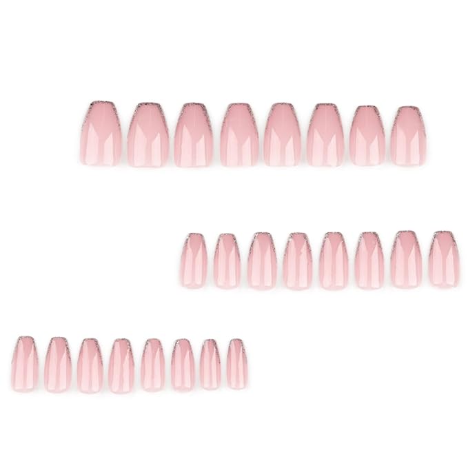 Hkanlre Medium Coffin Press on Nails Bling Fake Pink Nails Tips Full Cover False Gold French Nails for Women and Girls 24PCS