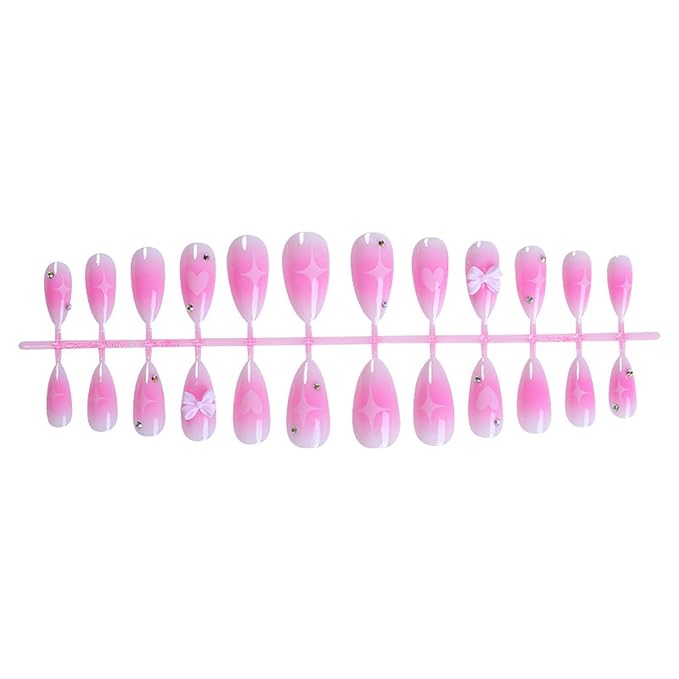 24Pcs Pink Press on Nails Medium Almond Fake Nails with Heart Star Design Pink Gradient False Nails 3D Bow Full Cover Stick on Nail Glossy Acrylic Nails Cute Artificial Nail for Women Manicure