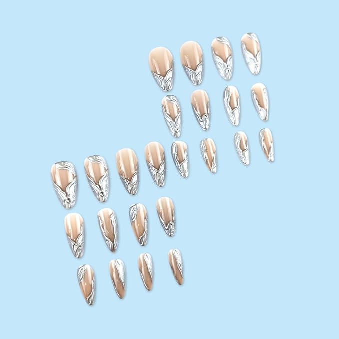 Long AlmondPress on Nails with Silver Foil Art Nude Base Fake Nails Stick on Nail for Women 24pcs