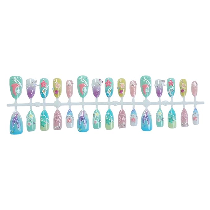30Pcs Blue Press on Nails Medium Almond Handmade Fake Nails Summer Ocean Series Mermaid False Nails 3D Pearl Starfish French Tips Press On Flower Full Cover Stick on Nails for Women