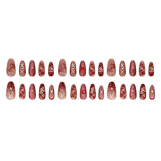 24Pcs Red Press on Nails Medium Almond Fake Nails Gold Bow Heart with 3D Rhinestones Design Full Cover Glitter Glue on Nails French Tip False Nails for Women Girls Acrylic Nail Decorations Accessories