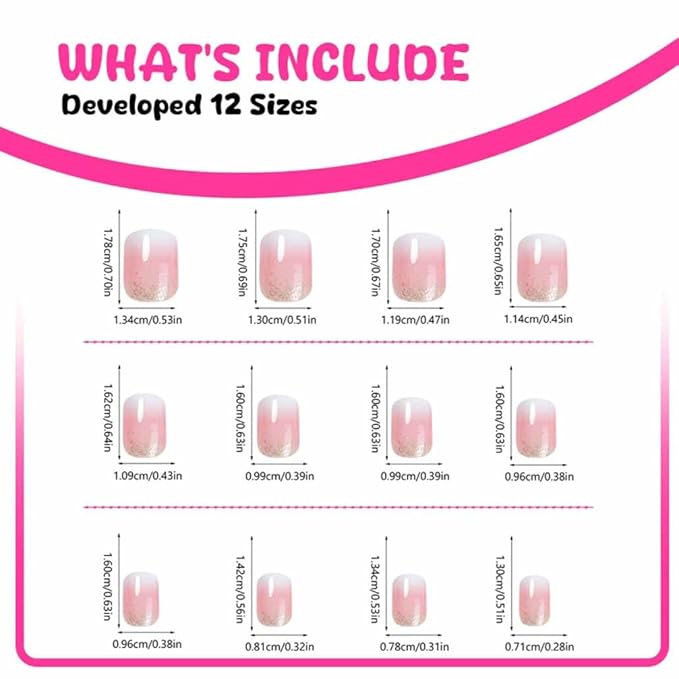 Square Ombre Press on Nails -Soft Gel Press on Nails Short Pink Fake Nails Square Bling Glossy False Nail Tips Artificial Nails for Women and Girls,24pcs