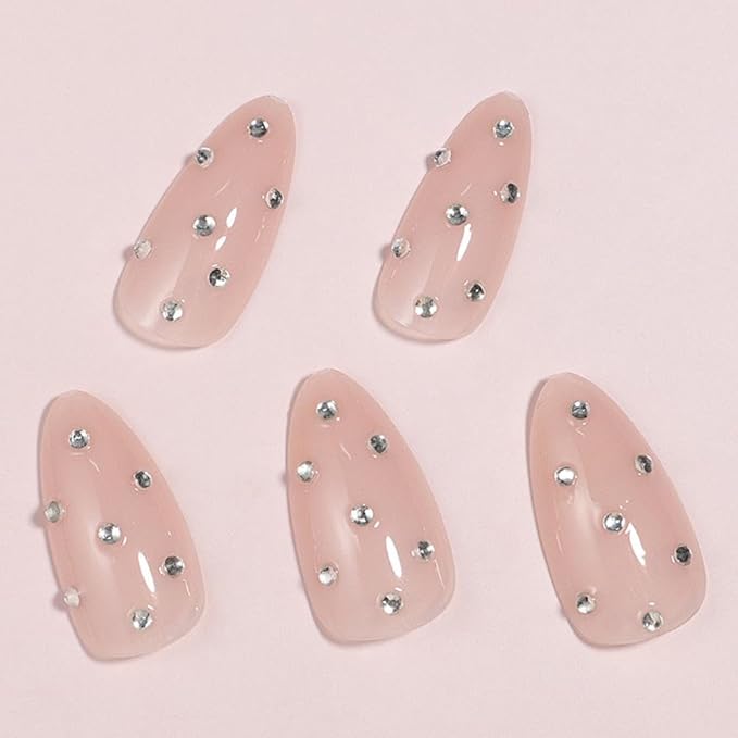 Nude Rhinestone Rhinestone Press On Nails Medium Almond False Nails 24Pcs Glue On Nails Artificial Acrylic Full Cover Glossy Stick On Nails