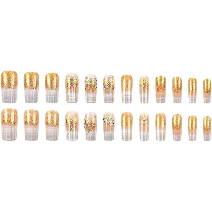 Long Square Press on Nails Gold Fake Nails with Glitter Design French Tip False Nails Gradient Acrylic Nails for Women 24pcs