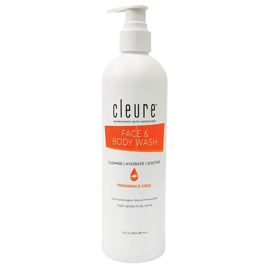 Cleure Face and Body Cleanser - Hypoallergenic, Fragrance-Free Body Wash for Sensitive Skin & Eczema - Paraben & Sulfate Free, PH Balanced Body Soap (12 oz, Pack of 1)