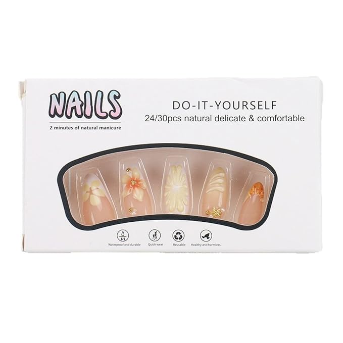 Flower Press on Nails Medium Almond Fake Nails 3D Lemon Gold Bead Star Designs Stick on Nails White French Tip False Nails Handmade Reusable Acrylic Glue On Nail for Women Manicure 24Pcs