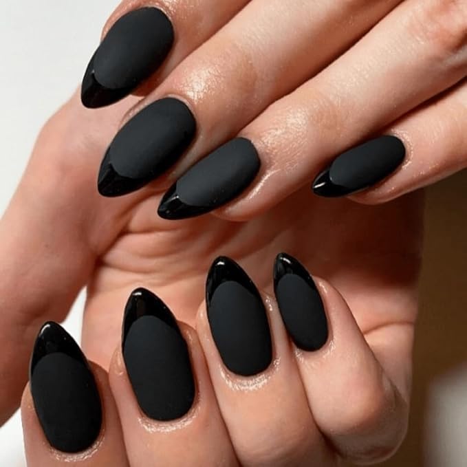 Black French Tip Press on Nails Short Almond Nails Press ons, Short Fake Nails with Matte Finish, Dark French Glue on Nail False Nail for Women Halloween, in 32 Pcs 16 Sizes