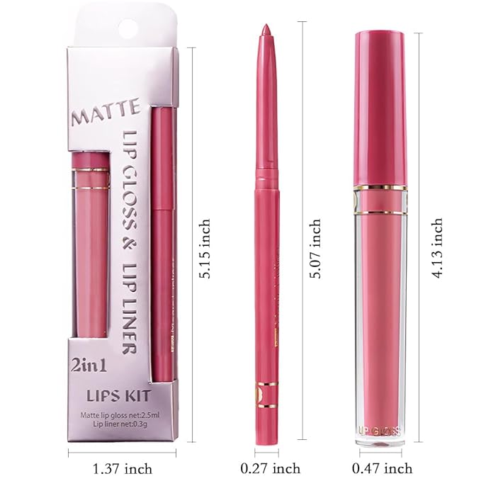 evpct 2Pcs Nude Pink Matte Lip Liner and Lipstick Lip Gloss Stains Pencils Set for Women Long Lasting Waterproof