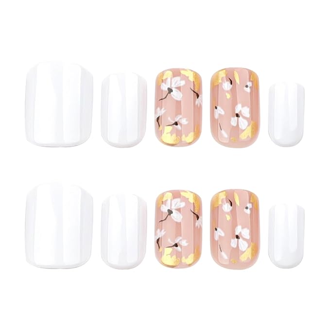 Fall Short Press on Nails Square, White and gold Fake Nails, Delicate Gold Foil Flower Designs, with a Few Nude Nails Featuring, Glossy Finish Acrylic Nails, Reusable Glue on Nails Kit