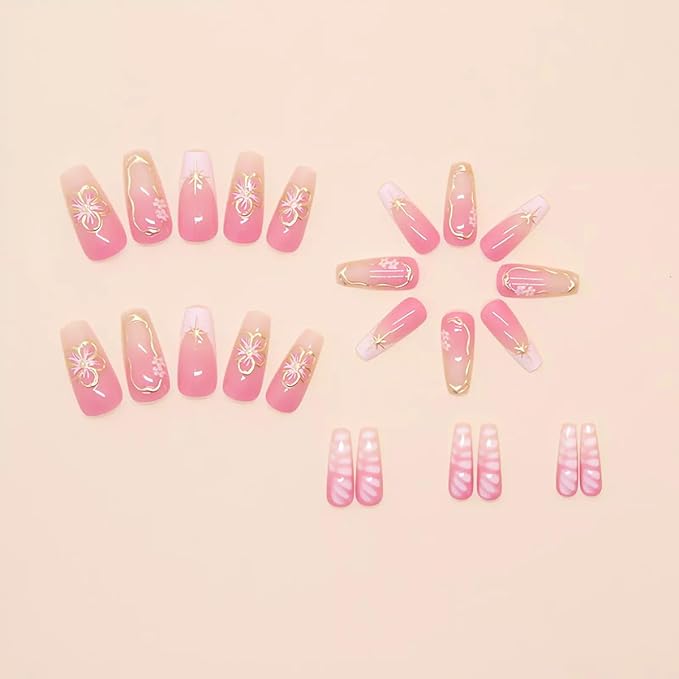 Long Square Press on Nails with Gold Floral Designs Glossy Pink Fake Nails Golden Stars Glue on Nails Gradient French Tip Stick on Nails 3D Flower Artificial Nails for Women Girls, 24Pcs