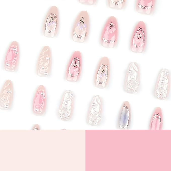 24Pcs Handmade Press on Nails Almond Medium Fake Nails with 3D Flower Butterfly Pearls Charms Designs Glue on Nails French False Nails Almond Shape Acrylic Nails Cute Bow Stick on Nails for Women