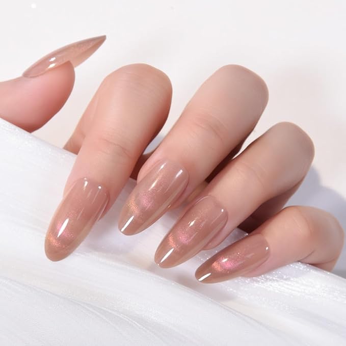 evpct Nude Brown Cat Eye Press on Nails Almond Medium, Medium Almond Glue on Nails for Women Gift, Iridescent Pink Smile Curve Metallic Glitter Reusable Gel Press on Acrylic Fake Nail with Designs