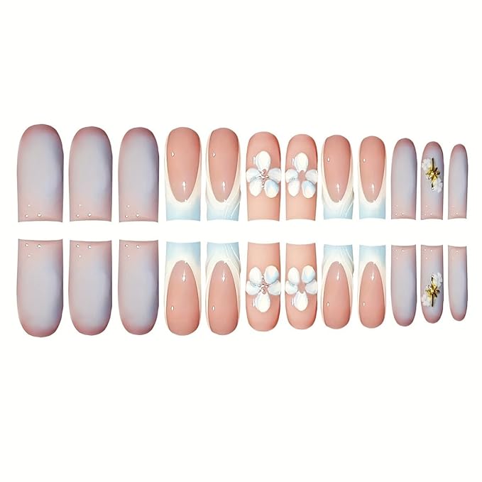 Coffin Press on Nails Medium Square Fake Nails with Cute Floral Design Full Cover Spring Stick on Nails Ripple French Tip False Nails Glossy Acrylic Nails for Women Girls Manicure Salon 24Pcs