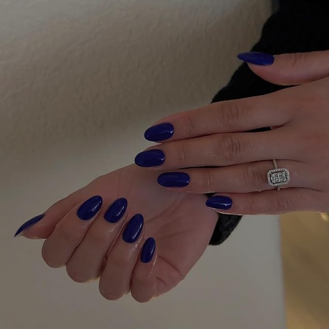 Navy Blue Press on Nails Short Almond Fake Nails Press ons, Thick Solid Color Glue on Nails Short False Nails, Medium Almond Nails Oval Round Shaped Nails for Women, 24Pcs Natural Acrylic Gel Nails