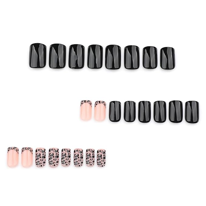 Leopard French Tip Press on Nails Short Square Shape Fake Nails Glossy Black and Pink Leopard Print Design Glue on Nails Full Cover Artificial Nails Short Stick on Nails for Women Girls, 24Pcs