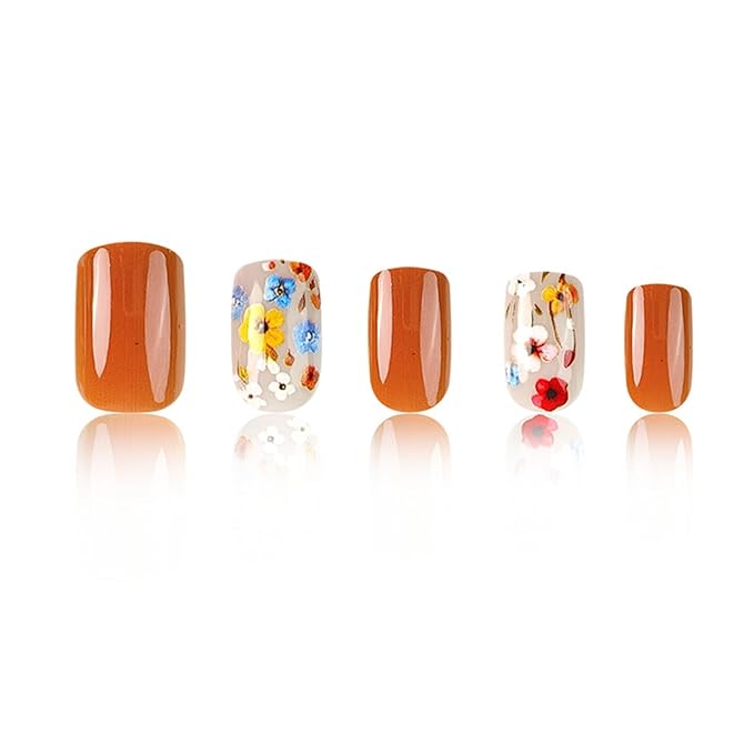 Blue Flower Press on Nails Glossy Orange Fake Nails Short Square Acrylic False Nails 24Pcs Colorful Flowers Stick on Nails Leaves Gel Glue on Nails for Coquette Women Girls