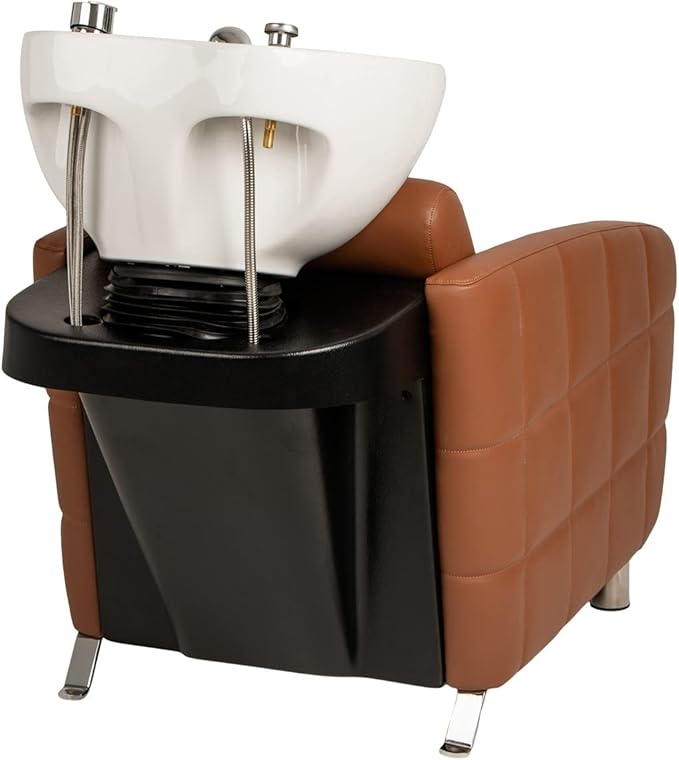 Buy-Rite Icon Shampoo Backwash Unit for Salons & Barbers, Extra Wide Seat, Tilting Porcelain Sink, Lumbar Support, Camel Vinyl Upholstery, YLG-192-BW, White Bowl