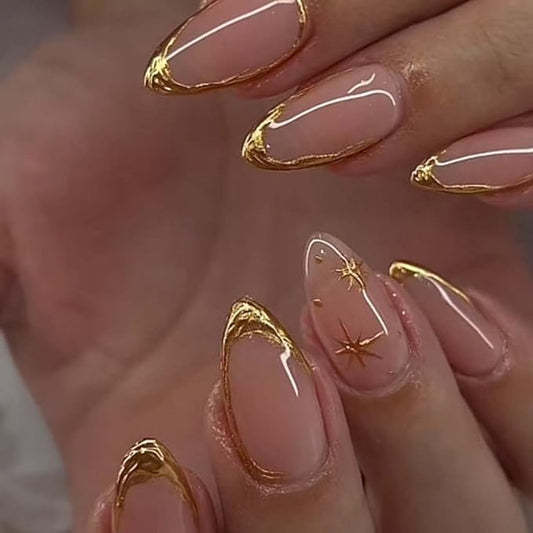 Press on Nails Almond Fake Nails with Gold Line Design Glue on Nails Acrylic Nails Glossy Full Cover Stick on Nails for Women 24Pcs
