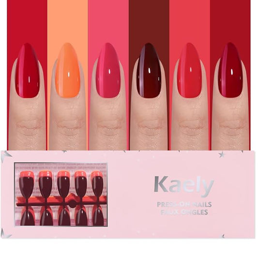 evpct 6 Colors Glossy Press on Nails Short Almond for Women, Glossy Fake Nail with Glue Salon Quality Reusable Stick on Nails In 15 Sizes 180Pcs Full Cover False Nail Soft Gel Set Kit for Gift, Set04